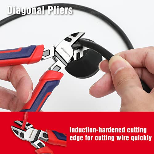 WORKPRO 4-Piece Pliers Set | Premium CR-V Construction Tool Set Including Long Nose, Diagonal Cutting, Groove Joint and Slip Joint Pliers - Red - color: Red