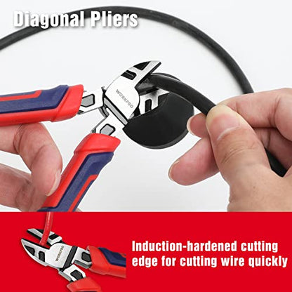 WORKPRO 4-Piece Pliers Set | Premium CR-V Construction Tool Set Including Long Nose, Diagonal Cutting, Groove Joint and Slip Joint Pliers - Red - color: Red