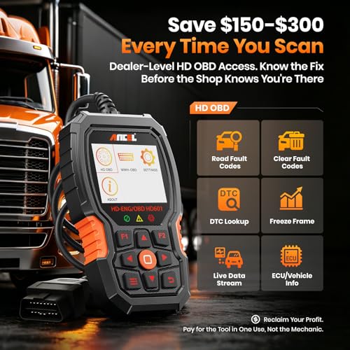 ANCEL New HD601 Heavy Duty Truck Scanner, Diesel Full System Diagnostic Scan Tool Fits for Cummins, Detroit, Volvo, Paccar & Caterpillar, 2 in 1 HDOBD & OBD2 Code Reader for Commercial Vehicles & Cars - color: orange