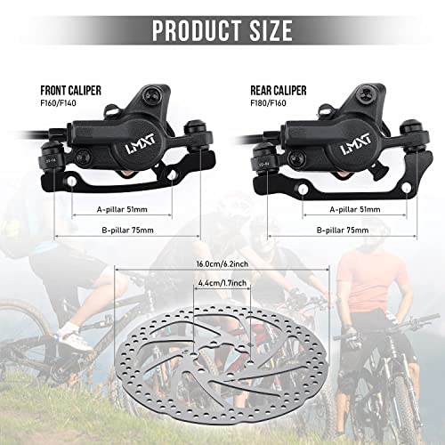 TOBWOLF 1 Pair MTB Disc Brake Set, Hydraulic Disc Brake Kit with 160mm Rotors, Left Front 81cm & Right Rear 147cm, Aluminum Oil Pressure Calipers Levers for Mountain Bike E-Bike Fat Bike Road Bike - color: Black Hydraulic Disc Brake Set - Dual Piston
