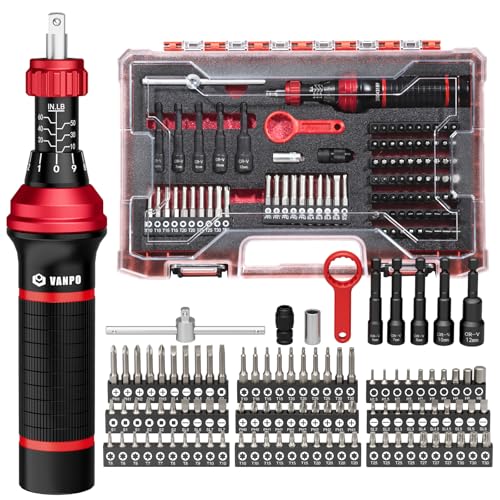 VANPO Torque Screwdriver Set 10-60 in-lb, 99-Piece Torque Driver Kit | with T-Bar & 1/4" Quick-Change Adapter, Adjustable for Scope Mounting, Bicycle & Electronics Maintenance - size: 10-60 in.lb
