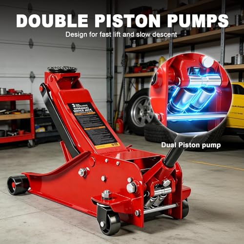 Jack Boss 3 Ton Floor Jack, 6600LBS Capacity Hydraulic Jack, Lifting Range 3-1/8" Min to 20" Max Car Jack, Low Profile Portable Jack with Dual Pumps, Quick Lift and Slow Descent Design Red