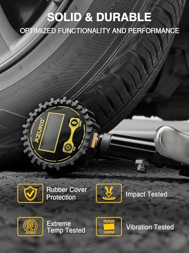 AZUNO Digital Tire Inflator with Pressure Gauge, 200 PSI, Heavy Duty Air Compressor Accessories, with Rubber Hose Lock on Air Chuck and Quick Connect Coupler, Comes with a Portable Carrying Box - size: Standard with Case