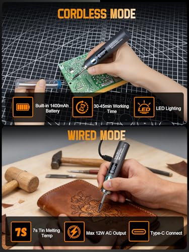 Cordless Soldering Iron Kit, 1400mAh Rechargeable Cordless Soldering Iron, 7 Seconds Fast Heating(500°F-788℉), LED Light and Adjustable Temperature, Soldering Iron for Electric Repairs, DIY