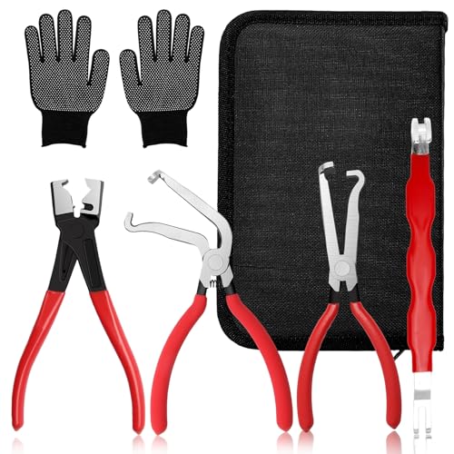 5-Pcs Kit Electrical Disconnect Pliers Set with Gloves - Auto Connector Tool for Fuel Line, Wiring, Sensors & Coils | Quick-Release Car Truck Repair (Red)