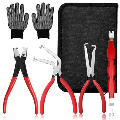 5-Pcs Kit Electrical Disconnect Pliers Set with Gloves - Auto Connector Tool for Fuel Line, Wiring, Sensors & Coils | Quick-Release Car Truck Repair (Red)