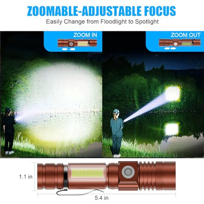 Hoxida Flashlight USB Rechargeable, Magnetic LED Flashlight, Super Bright LED Tactical Flashlight with Cob Sidelight, Waterproof, Zoomable Best Small LED Flashlight for Camping, Emergency - Brwon - color: Brown