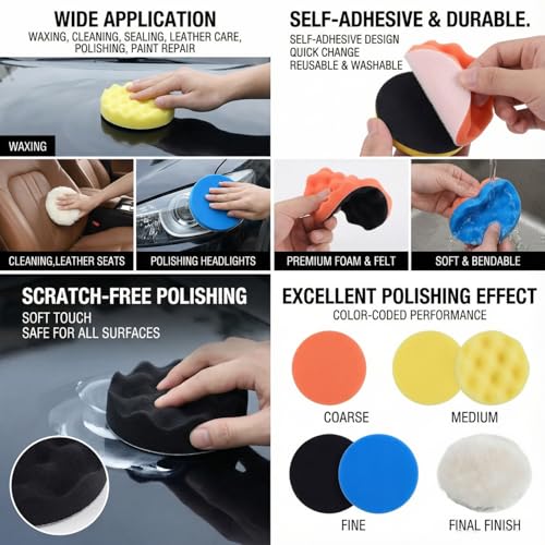 21 Pcs 3 Inch Polishing Pad Kit for Drill - Car Buffing Pads Set with Wool & Foam, Self-Adhesive for Polishing, Waxing, Sanding | Drill Attachment Buffer Kit