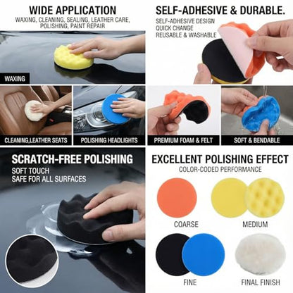 21 Pcs 3 Inch Polishing Pad Kit for Drill - Car Buffing Pads Set with Wool & Foam, Self-Adhesive for Polishing, Waxing, Sanding | Drill Attachment Buffer Kit