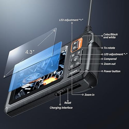 Endoscope Camera with Light, Inspection Borescope Camera with 4.3" IPS Screen, 1920P HD with 8 LED Lights, 32.8FT Semi-Rigid Cord Bore Scope, IP67 Waterproof Endoscope for Sewer, Dual Lens(Orange) - style: 32.8FT Dual Lens