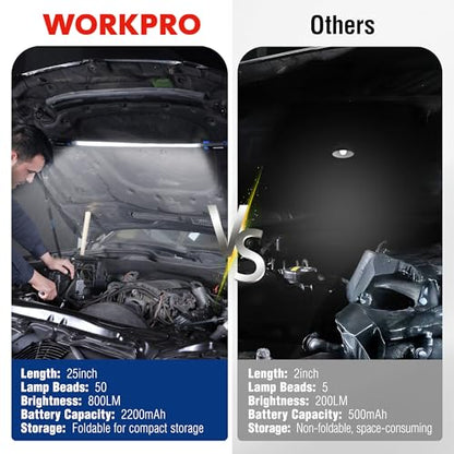 WORKPRO Rechargeable Underhood Work Light, 25inch Long Foldable LED Work Light Bar, 3 Lighting Modes with Adjustable Straps and Hooks, Magnetic Light for Car Repairing/Garage/Workshop/Emergency