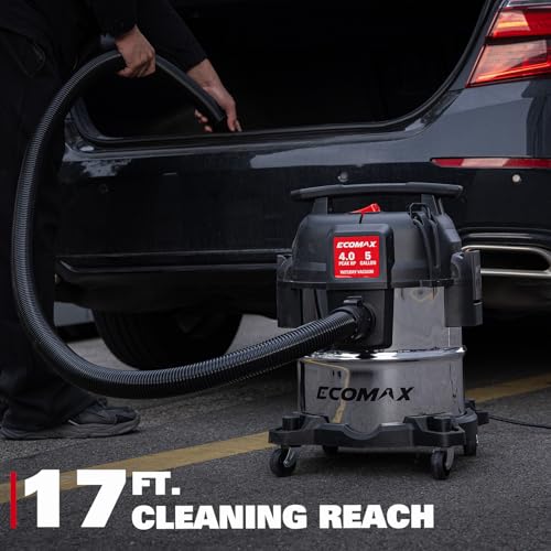 ECOMAX 5 Gallon Ultra Quiet Stainless Steel Shop Vacuum Wet and Dry | 4 Peak HP, 80% Quieter Operation, Durable Long Life Motor, Portable Vacuum for Garage, Workshop, Jobsite, Complete Accessory
