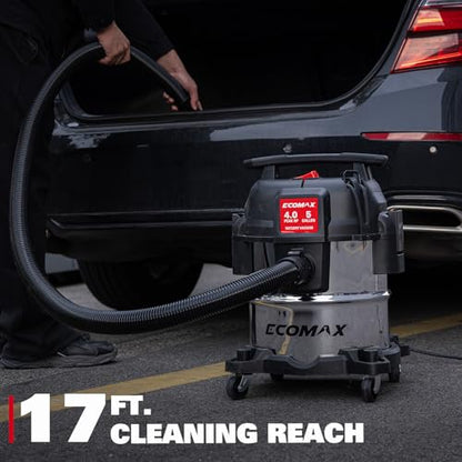 ECOMAX 5 Gallon Ultra Quiet Stainless Steel Shop Vacuum Wet and Dry | 4 Peak HP, 80% Quieter Operation, Durable Long Life Motor, Portable Vacuum for Garage, Workshop, Jobsite, Complete Accessory