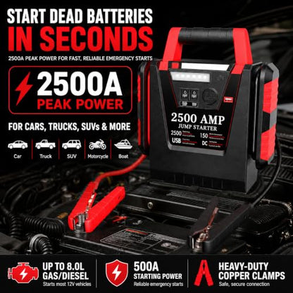 2500A Peak Car Jump Starter with 150PSI Air Compressor, 12V Battery Jump Box for Car, Truck, SUV (Up to 8.0L Gas/Diesel Engines), 20000mAh Portable Power Pack with DC/USB, 500LM Work Light