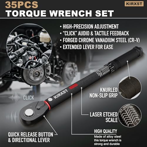 35PCS 1/4" 3/8" 1/2" Drive Click Torque Wrench, 72 Teeth Dual-Direction Adjustable, ±3% Accuracy Click Torque Wrench Set for Car, Motorcycle Maintenance - size: 35Peice
