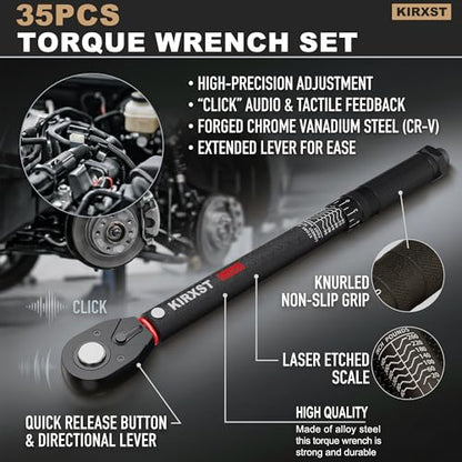 35PCS 1/4" 3/8" 1/2" Drive Click Torque Wrench, 72 Teeth Dual-Direction Adjustable, ±3% Accuracy Click Torque Wrench Set for Car, Motorcycle Maintenance - size: 35Peice