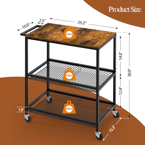 3 Tier Rolling Utility Kitchen Cart on Wheels, Heavy Duty Wire Rolling Cart with Wooden Top, Commercial Metal Serving Cart with Handle, Kitchen Island Food Storage Trolley for Laundry, Office, Garage - color: Wooden-black