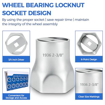6-Point Truck Wheel Bearing Locknut Socket Set with Display Tool Board 9850, 3/4 inch Driver Axle Nut Socket Set Tools for Heavy Duty Truck 21 Pcs, High-Strength Steel