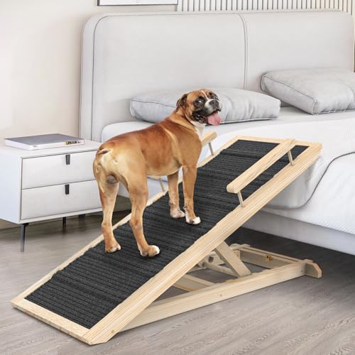Dog Ramp for Couch, Bed or Car, Wooden 44" Long Pet Stairs for Small & Large Old Dogs & Cats, Hold up to 200lb, 5 Adjustable Height from 14.96" to 22", Portable Doggie Steps, Excellent Traction - size: 44"L*15.74"W*14.96"~22.04"H