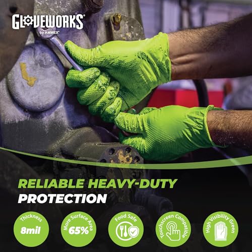 GLOVEWORKS HD Green Gloves, 8 Mil Nitrile Disposable Heavy Duty Raised Diamond Grip Mechanic Glove, Bulk Purchasing Options - size: Medium, style: 2 Boxes of 100