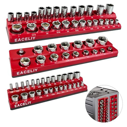 EACELIY Magnetic Socket Organizer Set,SAE Socket Holder Kit, Socket Trays，holds 68 Deep and Shallow 3/8" Sockets(sockets not included) 丨3PC 1/2",1/4" and 3/8"（Red） - size: 3PCS SAE 1/2&3/8&1/4