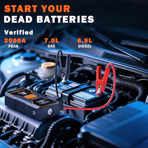 Jump Starter with Air Compressor, Portable 2000A Car Battery Jump Box for 7.0 Gas/6.5L Diesel Vehicles, 150 PSI Tire Inflator Auto-Shut Off, Reverse Polarity Protection,3-Mode Emergency Light - style: B31