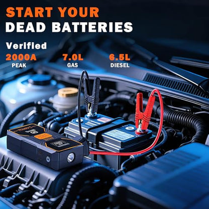 Jump Starter with Air Compressor, Portable 2000A Car Battery Jump Box for 7.0 Gas/6.5L Diesel Vehicles, 150 PSI Tire Inflator Auto-Shut Off, Reverse Polarity Protection,3-Mode Emergency Light - style: B31