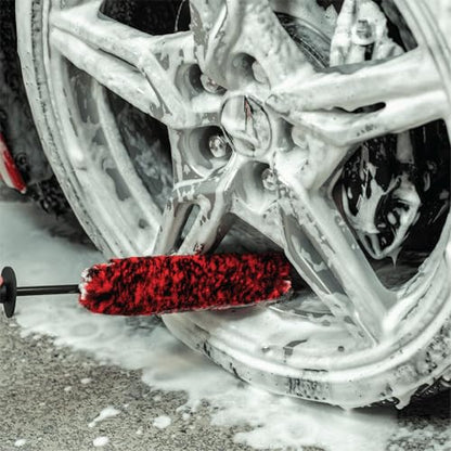 Mothers Wheel Barrel Brush, 16-Inch Wheel Cleaning Brush for Car Detailing, Long Reach Rim and Spoke Tool for Brake Dust, Red and Black, 1 Pack