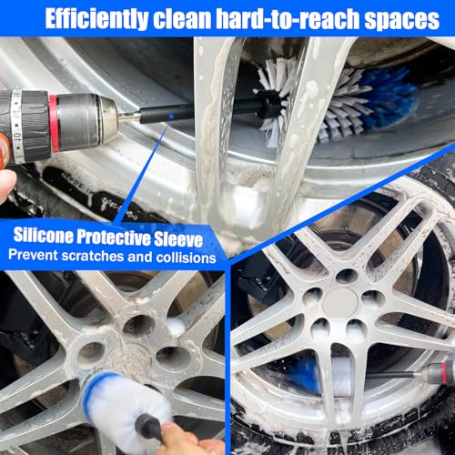Wheel Brush Kit,Soft Drill Wheel Cleaner Brush, No Scratches Highly Dense Car Cleaning Brush Set for Wheels, Tire, Rims, Engines, Exhaust(Blue + White 3 Pk) - color: Blue + White 3 Pk
