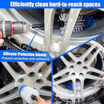 Wheel Brush Kit,Soft Drill Wheel Cleaner Brush, No Scratches Highly Dense Car Cleaning Brush Set for Wheels, Tire, Rims, Engines, Exhaust(Blue + White 3 Pk) - color: Blue + White 3 Pk