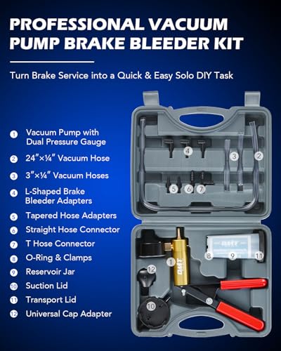 OMT One-Man Brake Bleeding Kit with Hand Vacuum Pump and Dial Gauge, Gray | High Grade Aluminum Alloy Fluid Evacuation System; Resilient PVC Tubing and Connectors; Great for Multi-Vehicle Servicing - color: Gray