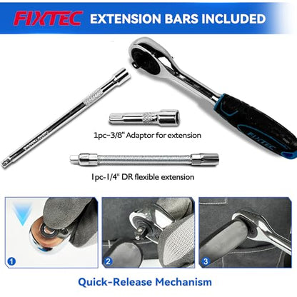 FIXTEC 31 Piece 1/4-Inch Drive Socket Ratchet Wrench Set, SEA and Metric Mechanics Tool Set with Quick Ratchet Handle (72-Tooth), Screwdriver Bit Set, Extension Bars, Universal Joint & Adapter