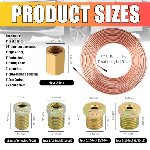 3/16" Brake Line Kit,Universal Brake Line Flaring Tool Kit with 24 Inverted Fittings & Tube Bender,Portable Brakes Lines Repair Kits as Automotive Tools for Most Hydraulic Systems