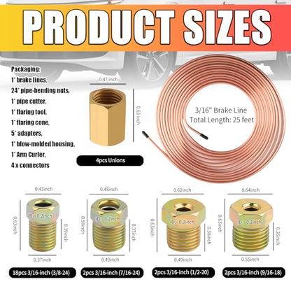 3/16" Brake Line Kit,Universal Brake Line Flaring Tool Kit with 24 Inverted Fittings & Tube Bender,Portable Brakes Lines Repair Kits as Automotive Tools for Most Hydraulic Systems