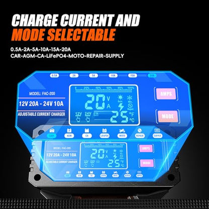 2026 Upgraded 0.5/2/5/10/15/20Amp Adjustable Current Battery Charger, 12V/24V Smart Car Battery Trickle Charger Maintainer w/Auto Shutoff, Desulfator, for LiFePO4 AGM, STD, Gel, Deep Cycle Batteries