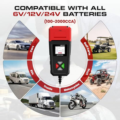 Car Battery Tester with Printer 6V 12V 24V 100-2000CCA Battery Load Tester | Compatible for Lead-Acid, AGM, GEL, EFB Batteries, Automotive Digital Battery Analyzer for Car, Truck, Motorcycle, ATV, Boat - color: Black + Red