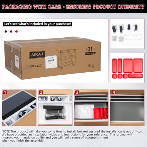 AIRAJ 3 Tier Rolling Tool Cart On Wheels, Mechanic Tool Cart,Industrial Utility Cart with Drawers & Pegboard,440 LBS Heavy Duty Tool Storage Work Cart for Garage, Workshop, Factory and Repair Shop