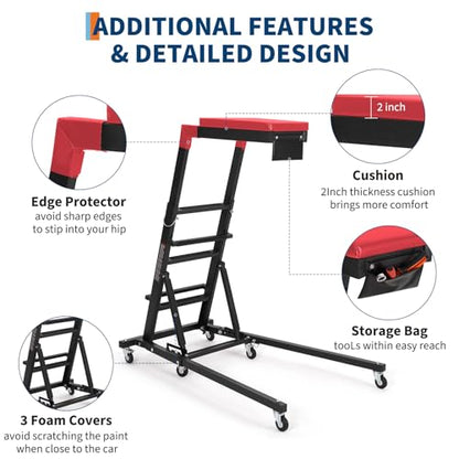 DEXSO Topside Automotive Engine Creeper - 400LBS Capacity, Adjustable Height 48"-66", Foldable Design with 6 Swivel Casters, Thickened Cushion & Tool Pouch (Black) - color: Black