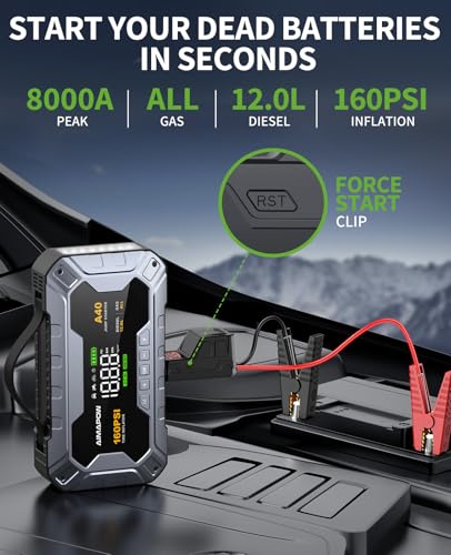 8000A 160PSI Jump Starter with Air Compressor, 12V Car Battery Jump Starter Power Bank(All Gas/12L Diesel), Car Starter with LED Flashlight, Force Start, Jump Pack with Jump Leads - size: A40