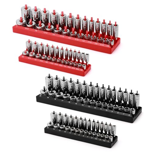 1/4-Inch & 3/8-Inch Drive Socket Organizer Trays, 4-Piece SAE and Metric Socket Tray Set, Deep and Standard Socket Holders Organizers for Toolbox, Black & Red - size: 1/4 & 3/8-Inch SAE and METRIC