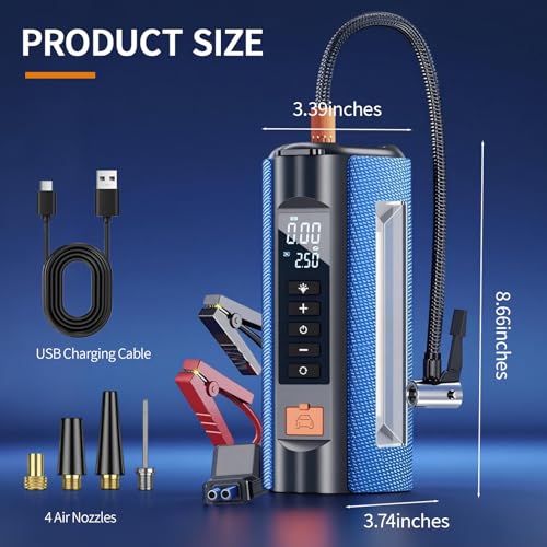 Car Battery Jump Starter with Air Compressor, 2500A Car Jumper Starter Portable150PSI, Battery Jumper Starter Portable Jump Box for Car Battery with 600LM,Jumper Cables, LCD Display | Car Jumper Starter, Portable Battery Jumper Starter Portable Jump Box f