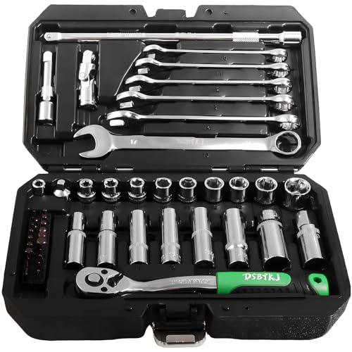 49-Piece Professional Motorboat & Yacht Maintenance Tool Kit, High-Strength Chrome Vanadium Steel with 72-Tooth Ratchet Wrench, 1/4 & 3/8 Inch Drive Metric & Standard Socket Wrench Set - color: Silver-49pcs