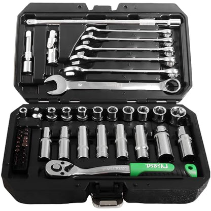 49-Piece Professional Motorboat & Yacht Maintenance Tool Kit, High-Strength Chrome Vanadium Steel with 72-Tooth Ratchet Wrench, 1/4 & 3/8 Inch Drive Metric & Standard Socket Wrench Set - color: Silver-49pcs