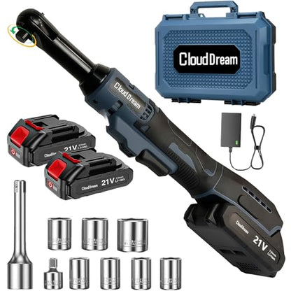 CloudDream 3/8" Cordless Electric Ratchet Wrench,45Ft-lbs(60N.m) Extended Ratchet Set with 2x 2.0Ah Batteries, Variable Speed Power Driver, 6 Sockets, 1/4" Adaptor & 3" Extension Bar