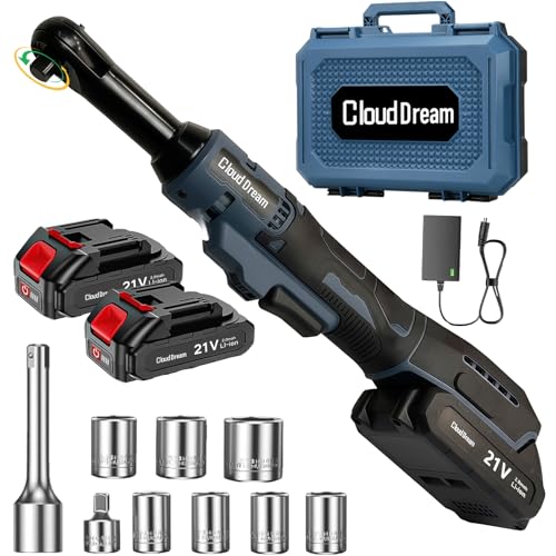 CloudDream 3/8" Cordless Electric Ratchet Wrench,45Ft-lbs(60N.m) Extended Ratchet Set with 2x 2.0Ah Batteries, Variable Speed Power Driver, 6 Sockets, 1/4" Adaptor & 3" Extension Bar