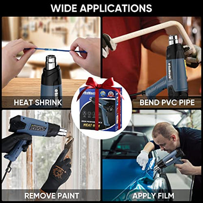 ROMECH 1500W Heavy Duty Heat Gun, Variable Temperature Control Hot Air Gun Kit with 2 Air Flow 120°F~1200°F and 4 Nozzles for Crafts Shrink Wrap (Blue) - color: Blue