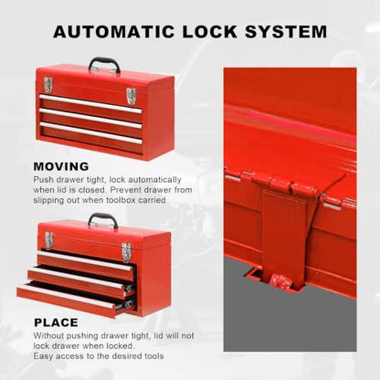 3 Drawer 20“ Metal Tool Box Portable Steel Tool Chest with Metal Latch Closure for Garage, Home and Workbench, Red - size: 20Inch-RED