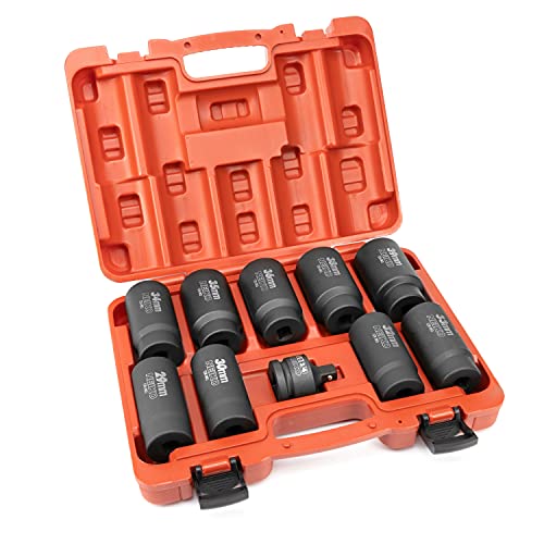 NEIKO 02531A 10 Piece 12 Point Socket Set 1/2” Drive, Lug Nut Remover, Spindle Nut Socket, Axle Nut Socket Set, Metric 29-39mm Socket 1/2 Drive Impact Set, Cr-Mo Impact Adapter, 3/4" -1/2” Reducer - size: 10 Piece Set