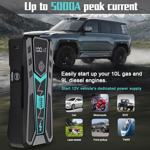 5000A Car Jump Starter for Truck SUV Boat Diesel | 12V 10L Gas/9L Diesel Battery Booster, 12000mAh Power Bank Fast Charge, 9-Layer Smart Clamps, 3-Mode LED, Portable Hard Case - color: black