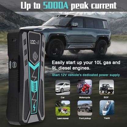 5000A Car Jump Starter for Truck SUV Boat Diesel | 12V 10L Gas/9L Diesel Battery Booster, 12000mAh Power Bank Fast Charge, 9-Layer Smart Clamps, 3-Mode LED, Portable Hard Case - color: black